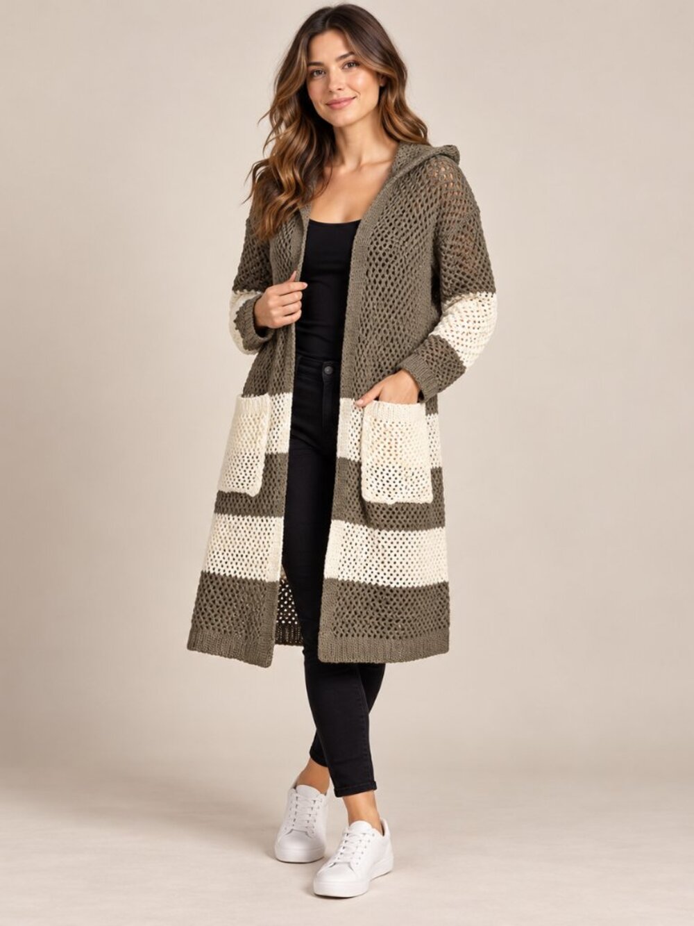 POL Hooded Open-Weave Colorblock Cardigan with Pockets - S